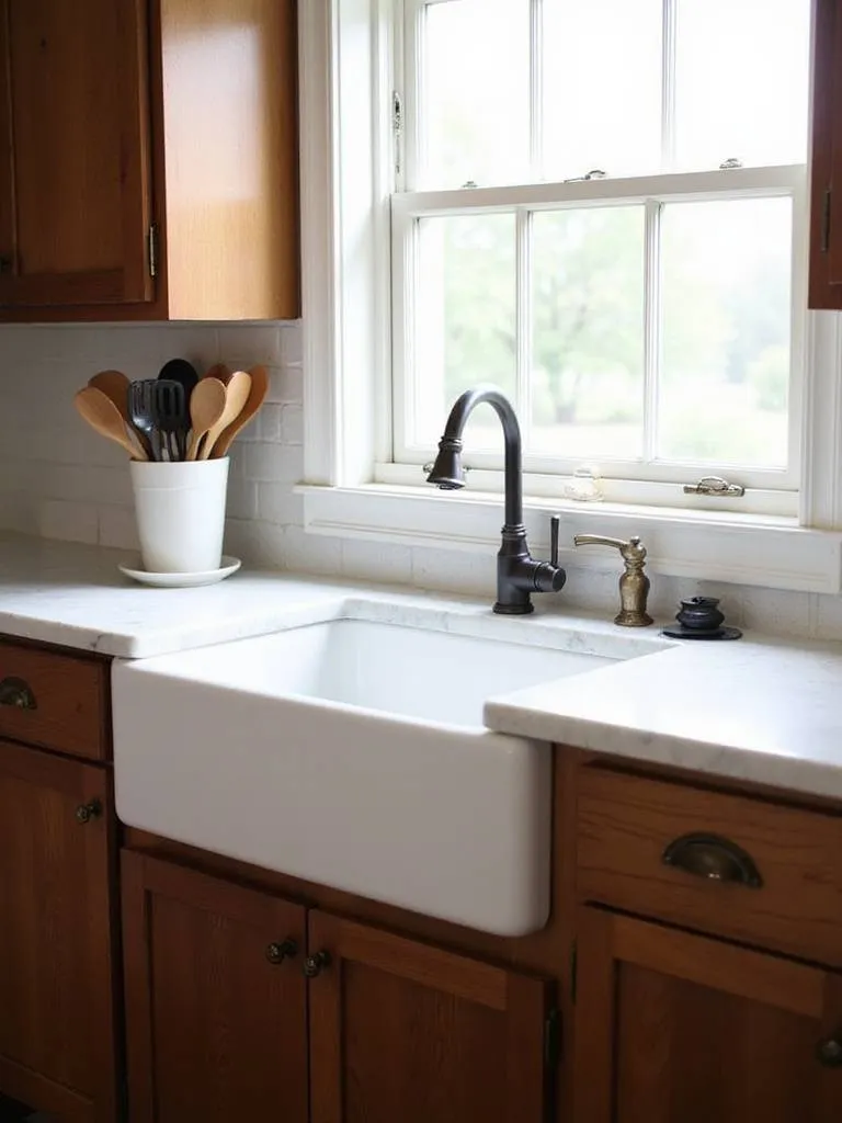 Charming farmhouse kitchen featuring a white fireclay apron-front sink as the focal point.