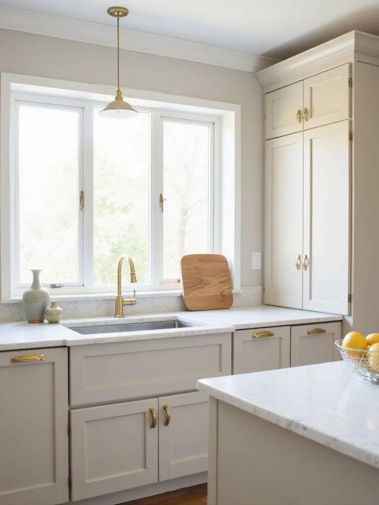 Sophisticated greige kitchen with brass hardware and quartz countertops.