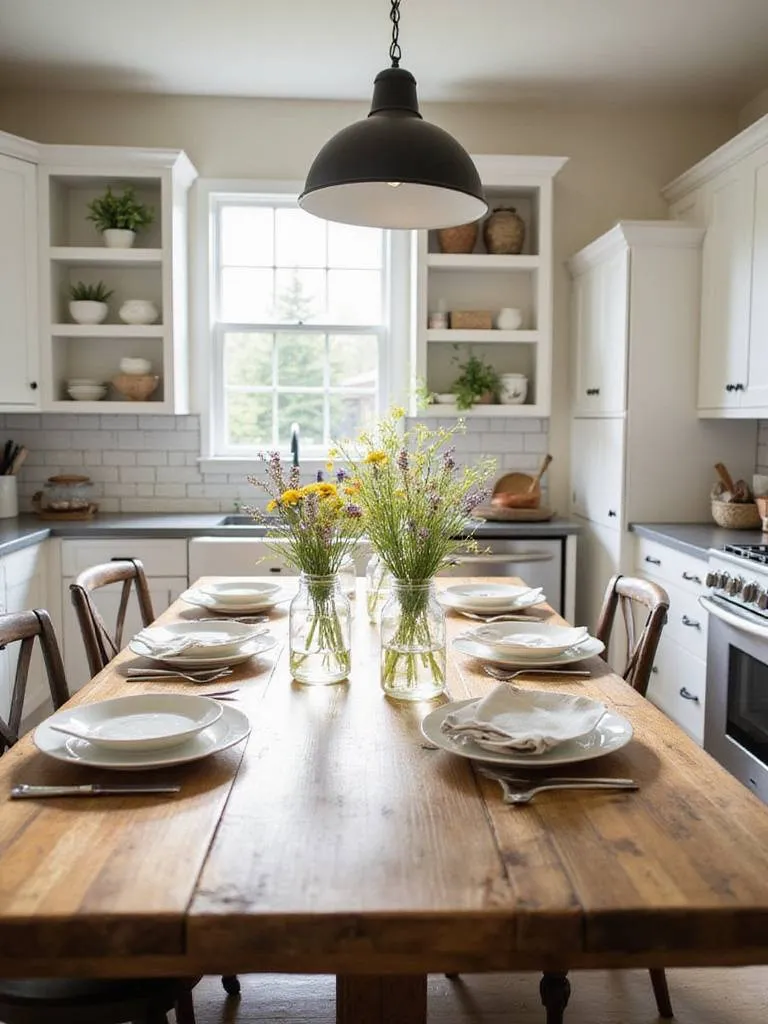 Farmhouse kitchen with reclaimed wood dining table set for a meal