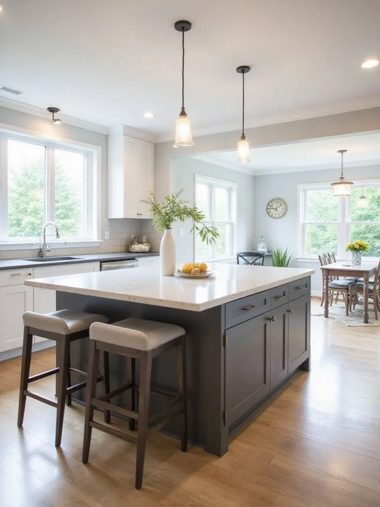 Modern kitchen island with seating, quartz countertop, and pendant lighting.