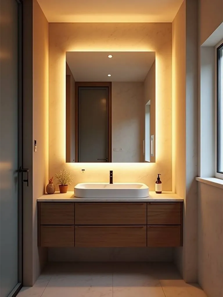 Bathroom vanity mirror showing the difference between warm and cool color temperature lighting.