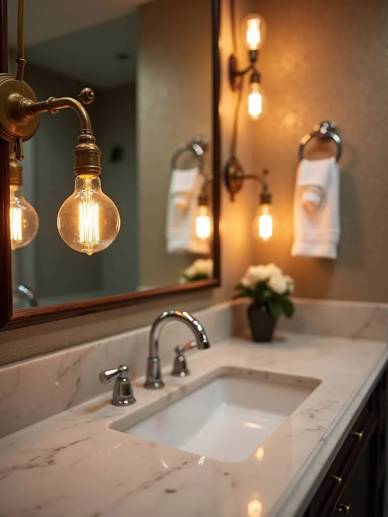 Bathroom vanity with incandescent bulbs providing warm, flattering light.