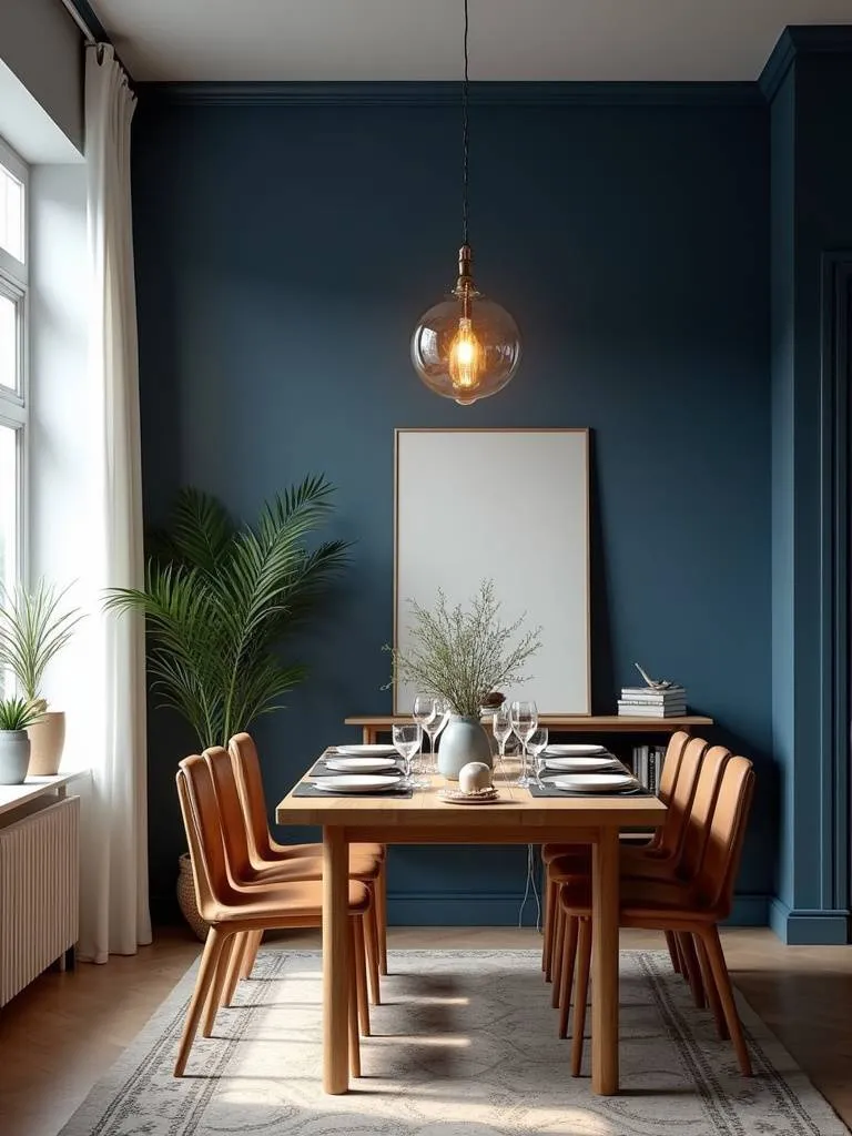 Dining room with navy blue accent wall illuminated by natural sunlight and a warm-toned chandelier, showcasing how lighting affects paint color.
