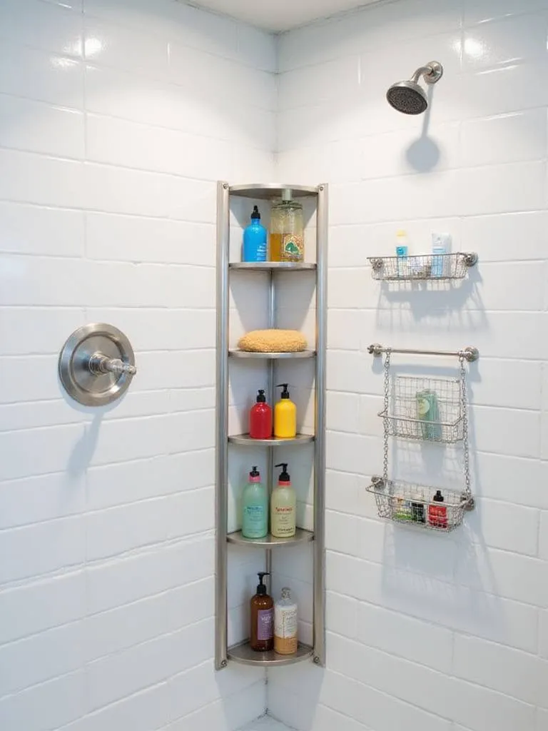 Organized shower stall with corner shelves and tension rod system for vertical storage.