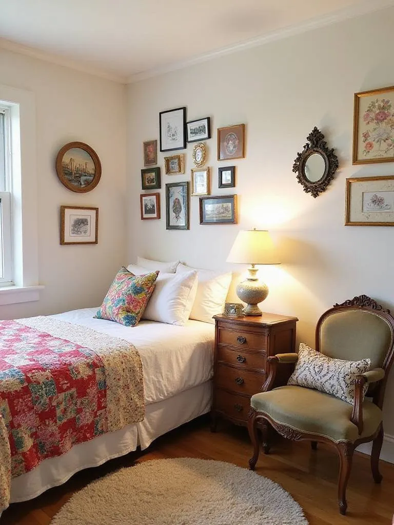 Cozy bedroom decorated with unique thrifted furniture and decor.