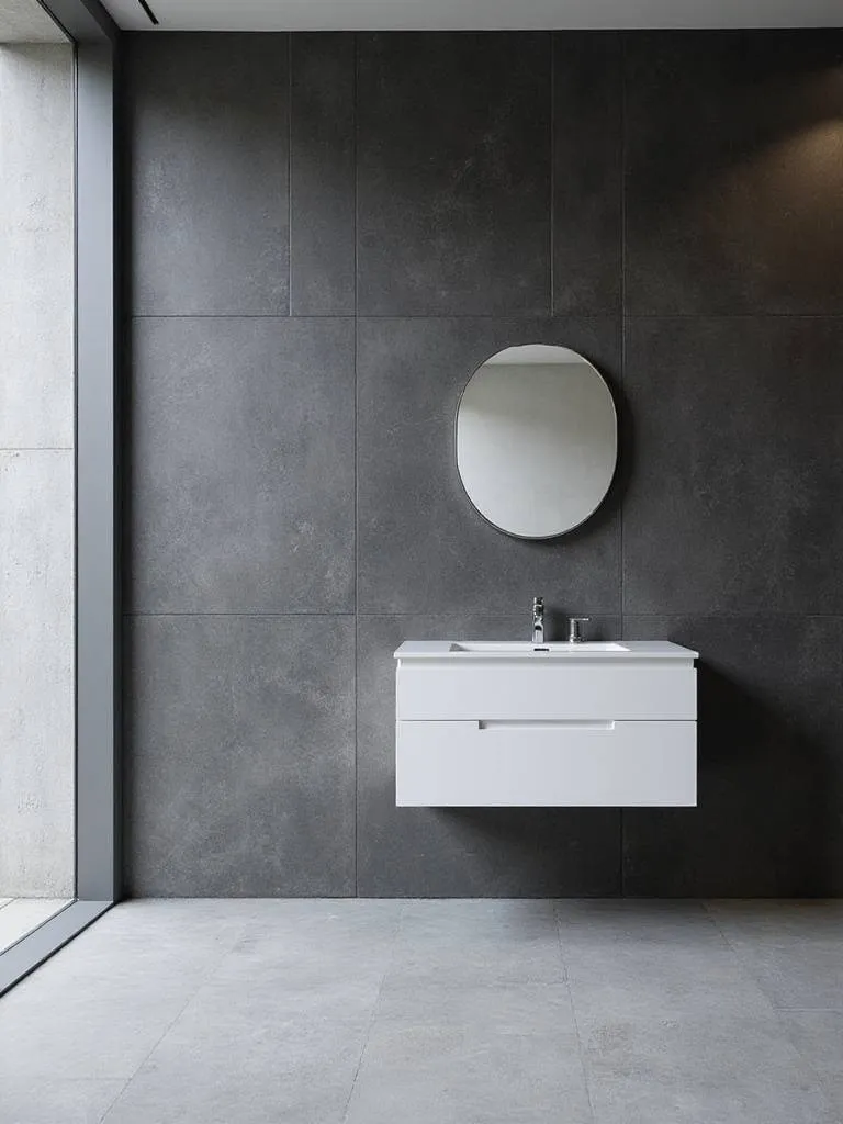 Modern bathroom with dark grey hexagon tile accent wall behind a white floating vanity.