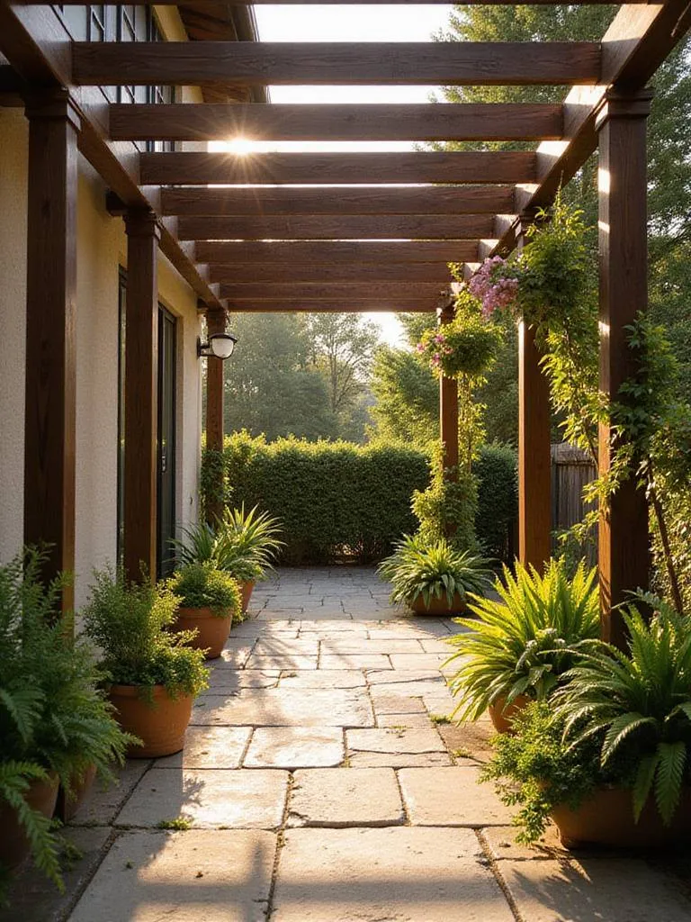 Classic wooden pergola providing shade and elegance to a stone patio.
