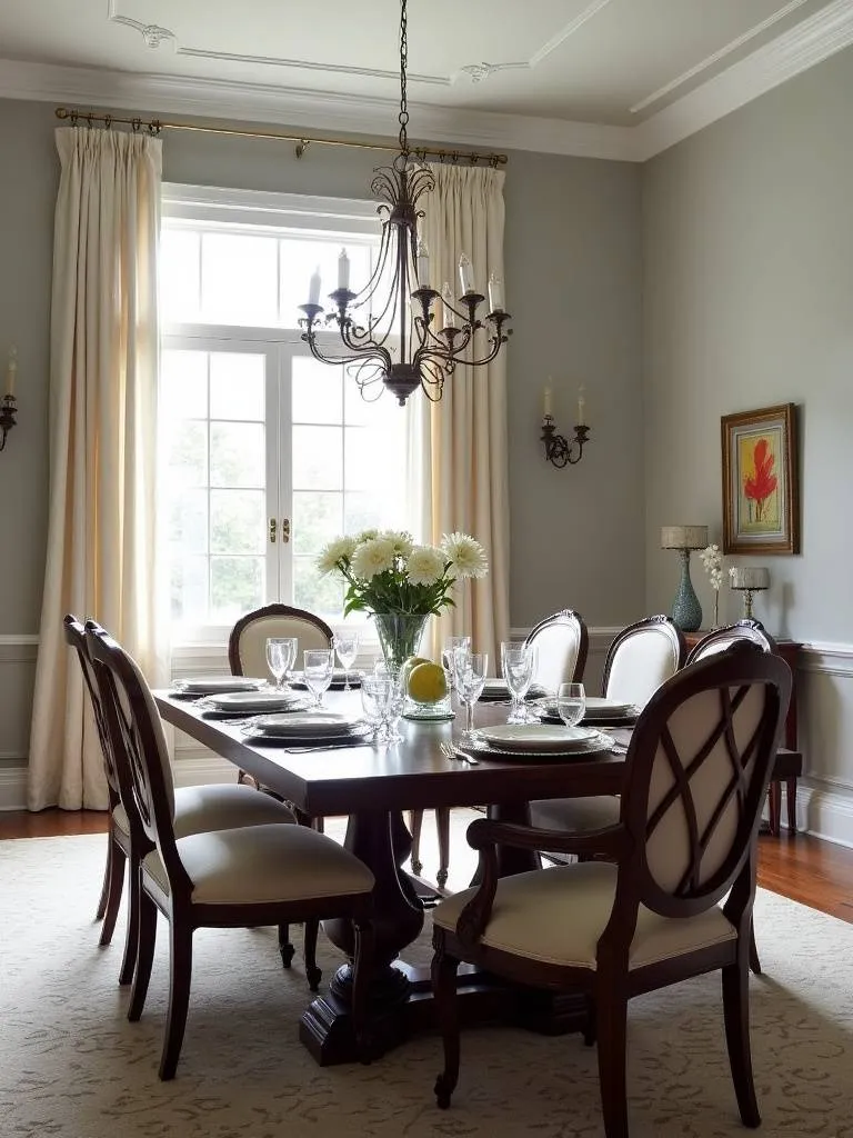 Gray dining room with wooden table, elegant dinnerware, and modern chandelier