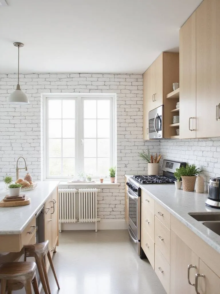 Kitchen with white subway tile effect wallpaper backsplash