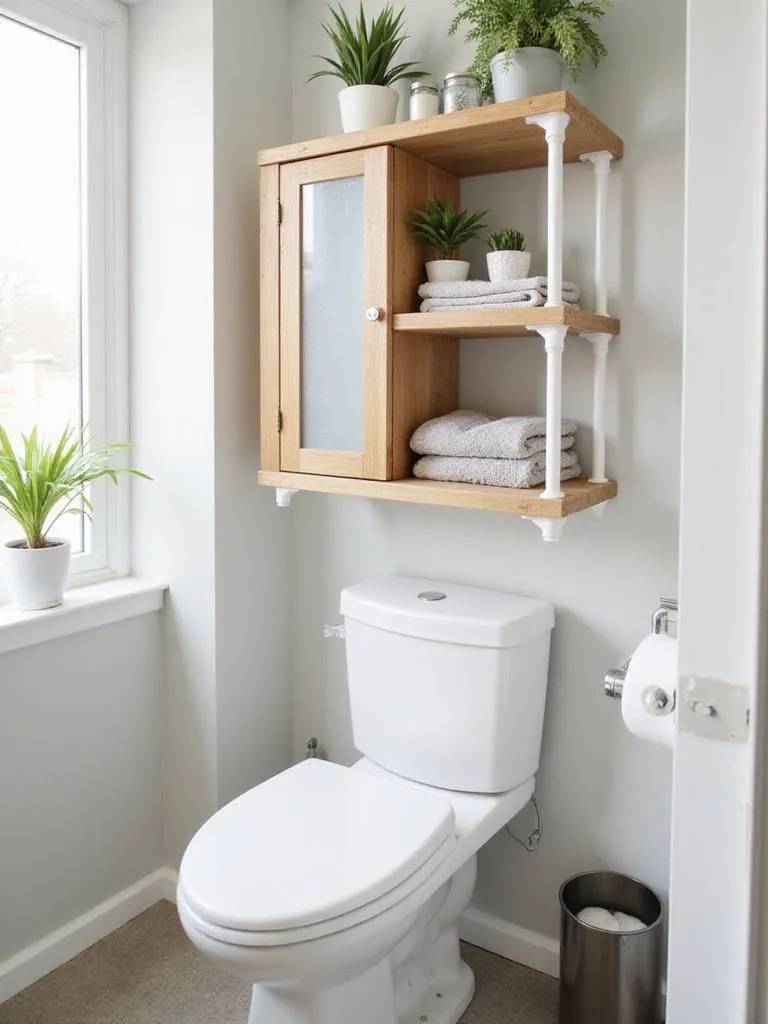 Over-the-toilet storage unit in a small modern bathroom, maximizing vertical space.