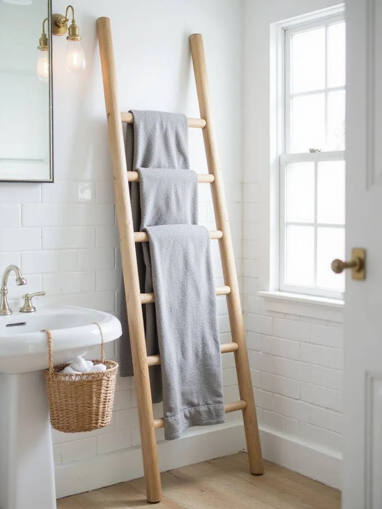 Small bathroom with a wooden towel ladder holding folded towels and a small basket for washcloths, maximizing storage space.