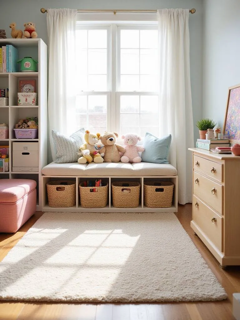 Children's bedroom with various toy storage solutions including labeled bins, woven baskets, and rolling drawers.
