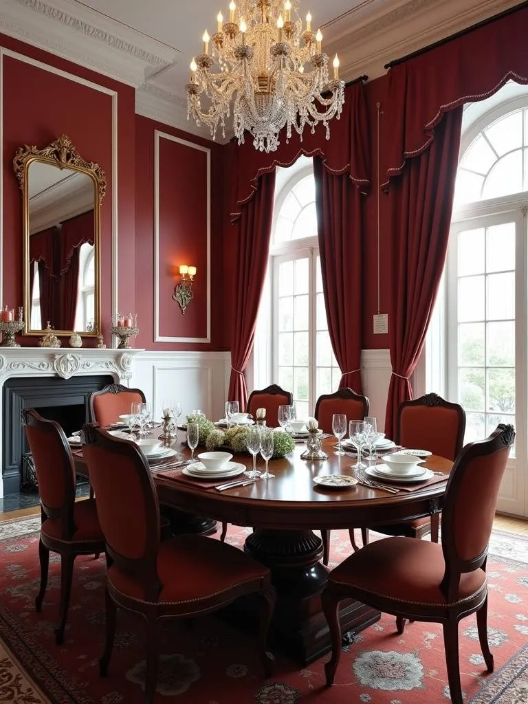 Elegant dining room with deep burgundy walls and white wainscoting.