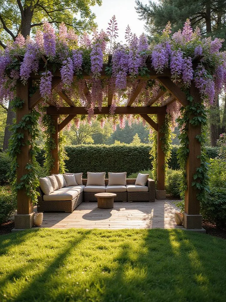 Backyard pergola with wisteria, creating a tranquil outdoor living space