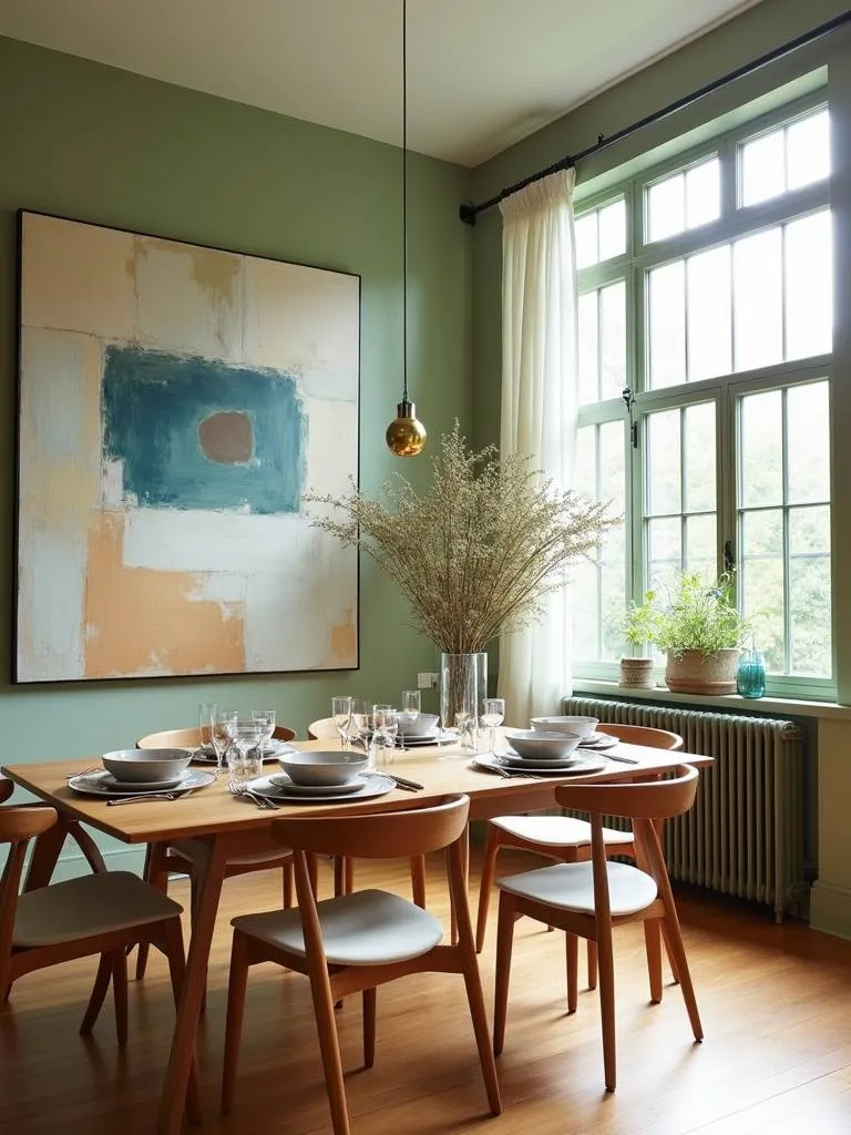 Trending sage green dining room with natural wood furniture and brass accents