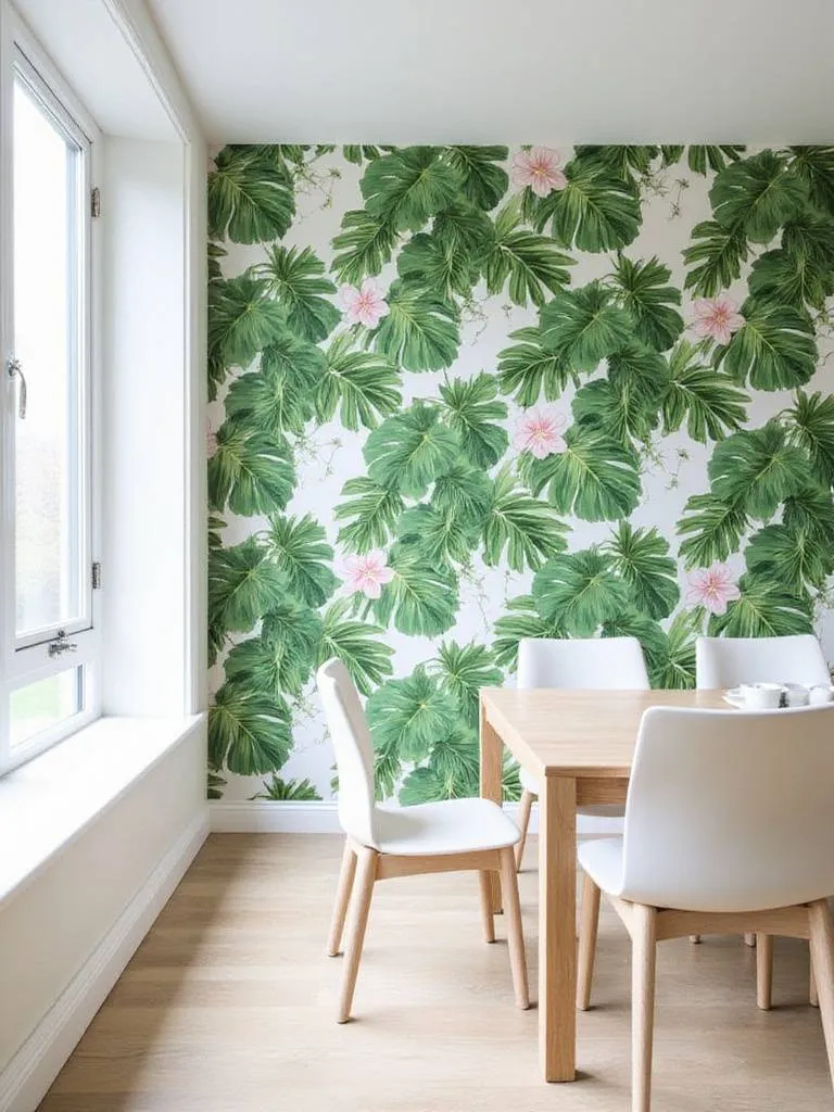 Dining room with tropical monstera leaf wallpaper accent wall