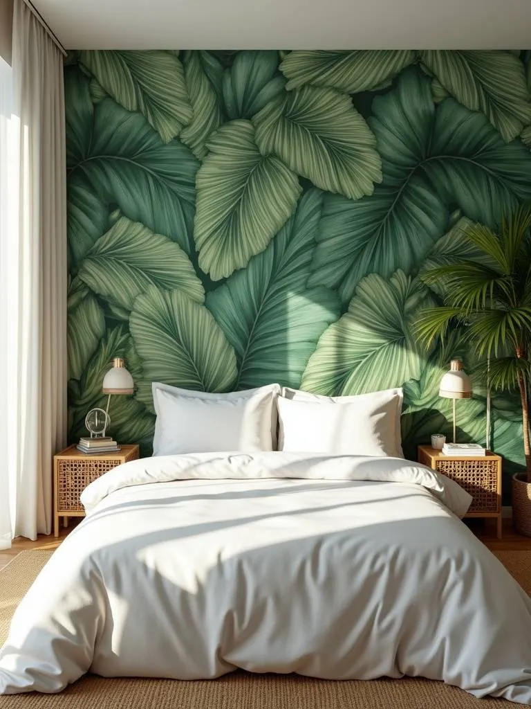 Bedroom with lush green palm leaf wallpaper creating a tropical oasis