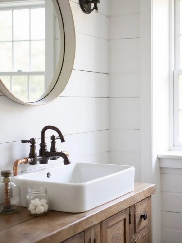 Farmhouse bathroom with oil-rubbed bronze bridge faucet and white farmhouse sink