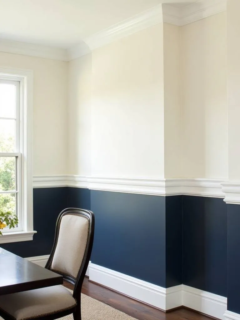 Dining room with two-tone navy blue and white paint scheme