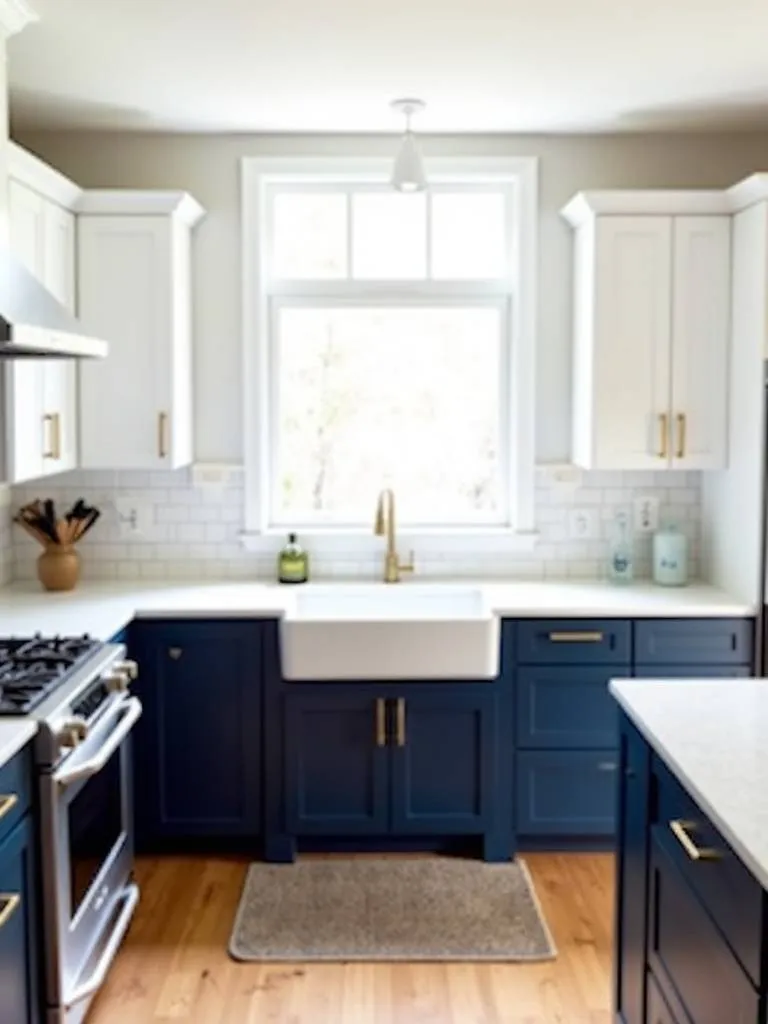 Two-tone kitchen cabinets: White upper cabinets with navy blue lower cabinets and island.
