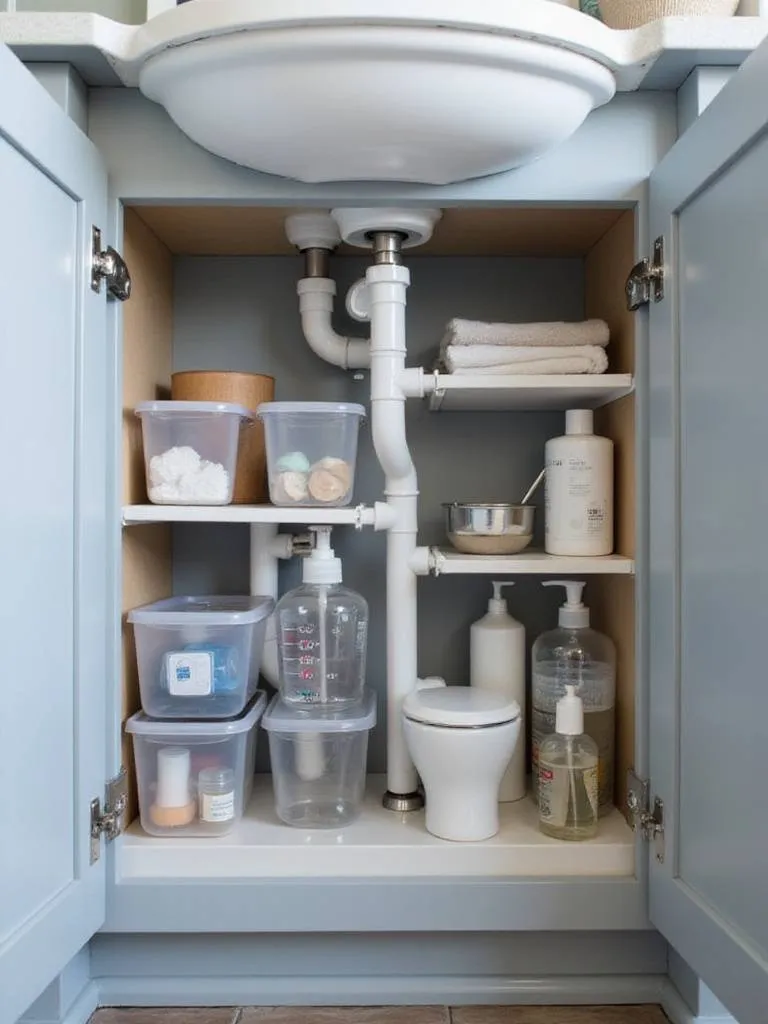Organized under-sink bathroom cabinet with pull-out drawers and clear containers.