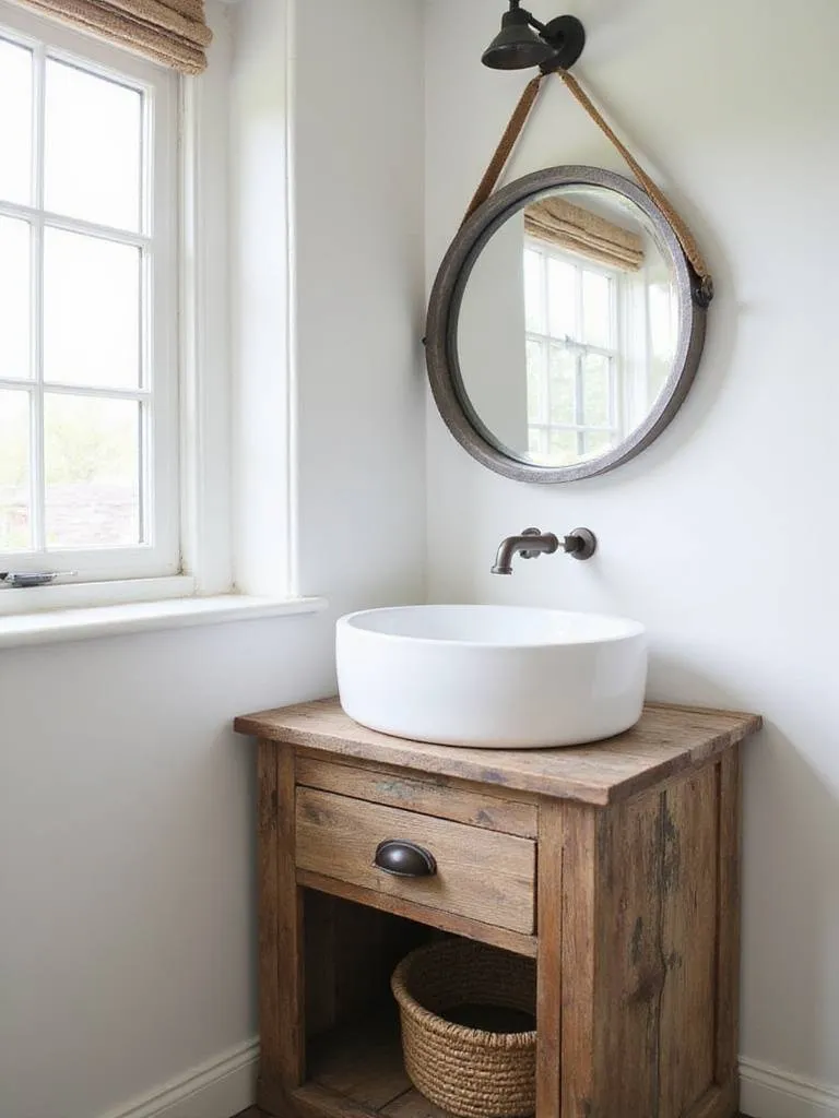 Farmhouse bathroom with weathered wood vanity and white sink.