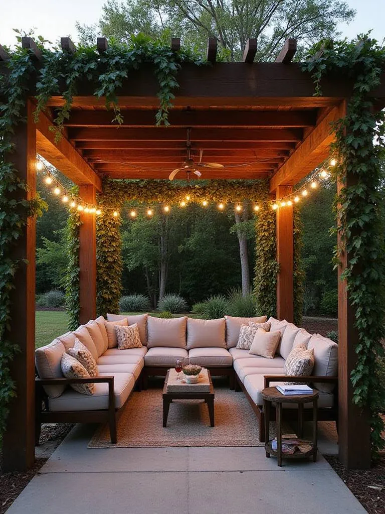Luxurious patio pergola lounge area with comfortable seating and ambient lighting