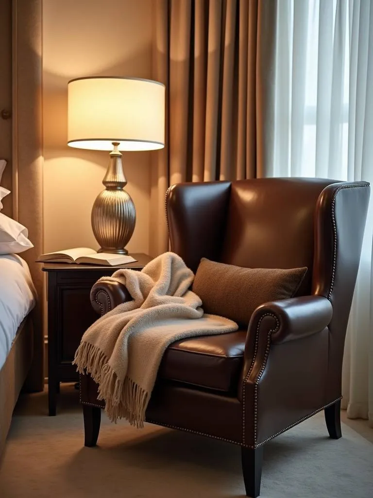 Luxurious leather wingback chair in a master bedroom reading nook.