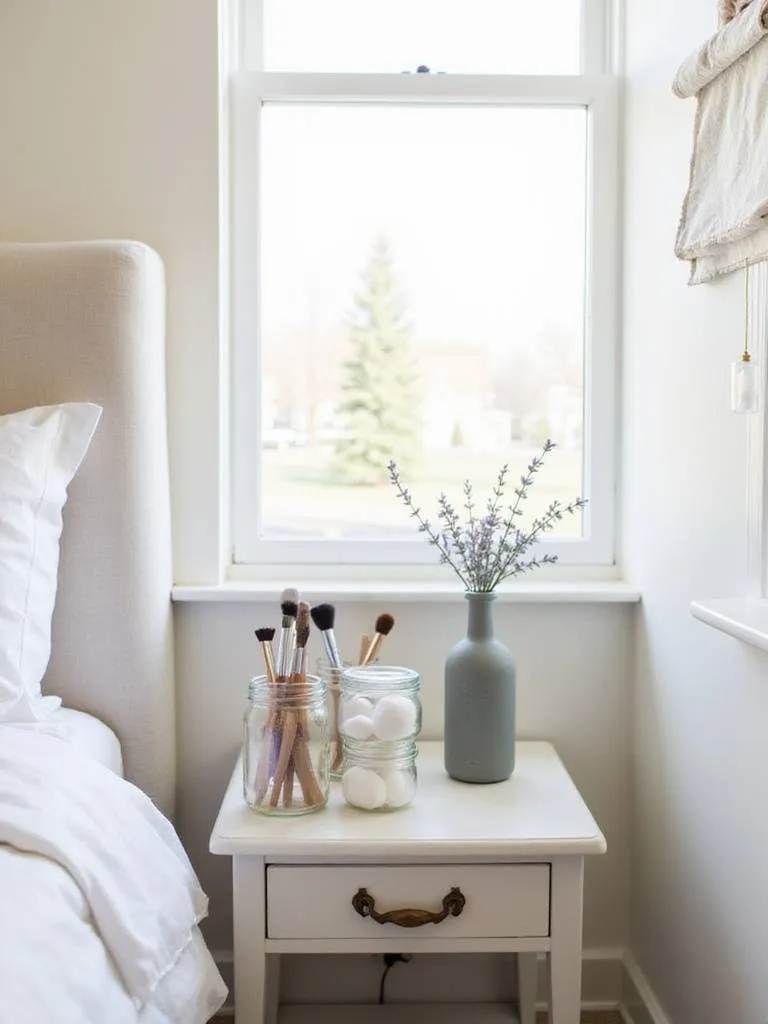 Upcycled jars and bottles used for stylish and affordable bedroom storage and decor.