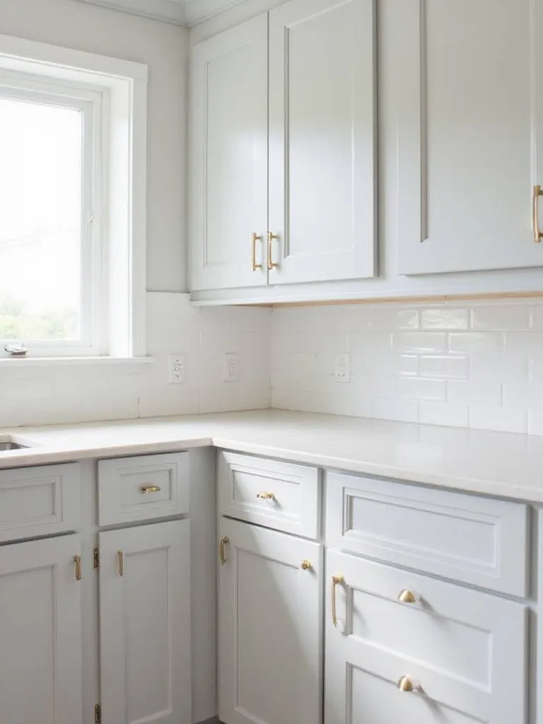 Brushed brass cabinet pulls on light gray shaker cabinets in a modern farmhouse kitchen.