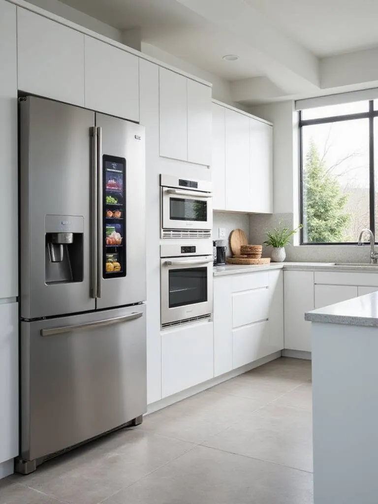Modern kitchen with smart stainless steel appliances including a smart refrigerator and oven.