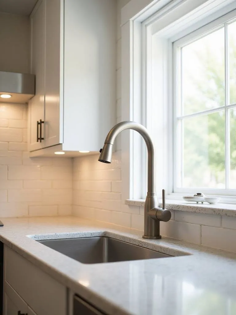 Modern brushed nickel pull-down kitchen faucet on a stainless steel sink