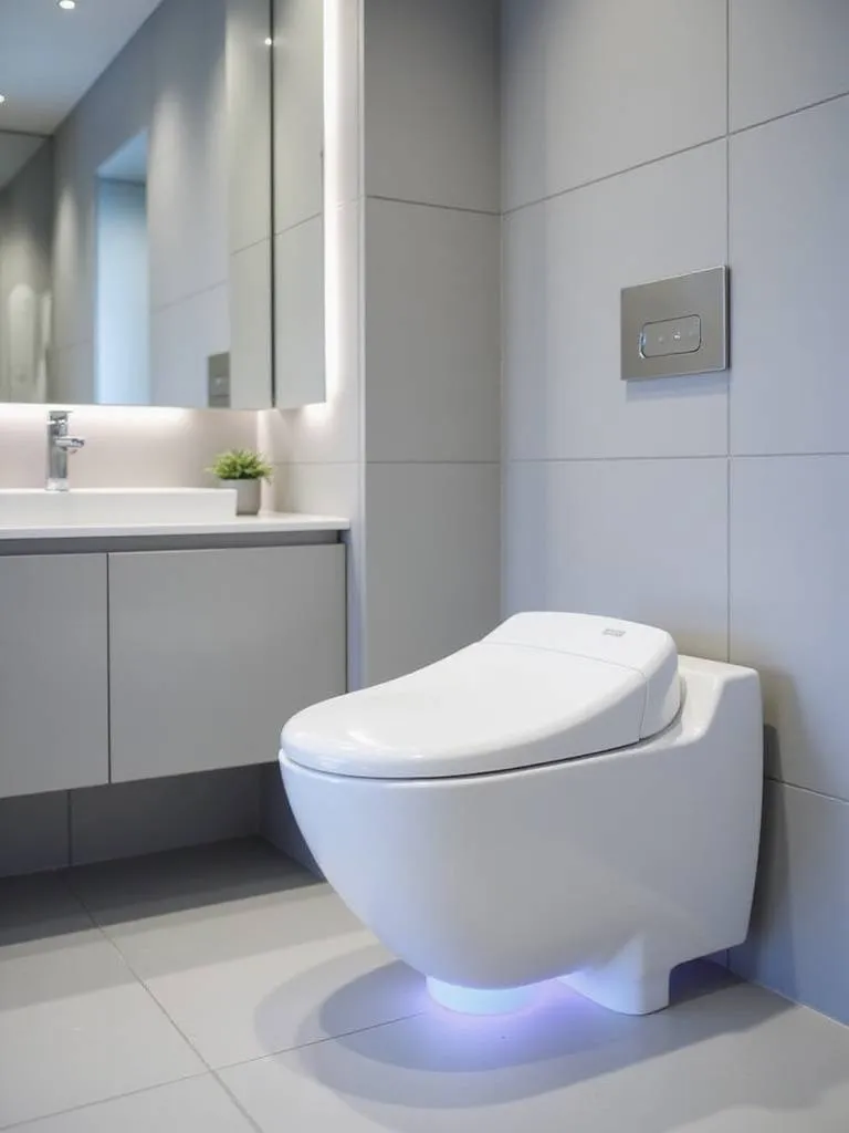 Modern bathroom featuring a sleek, white intelligent toilet with integrated bidet function.