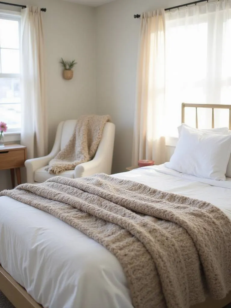 Cozy bedroom with layered throws and blankets for added texture and warmth.