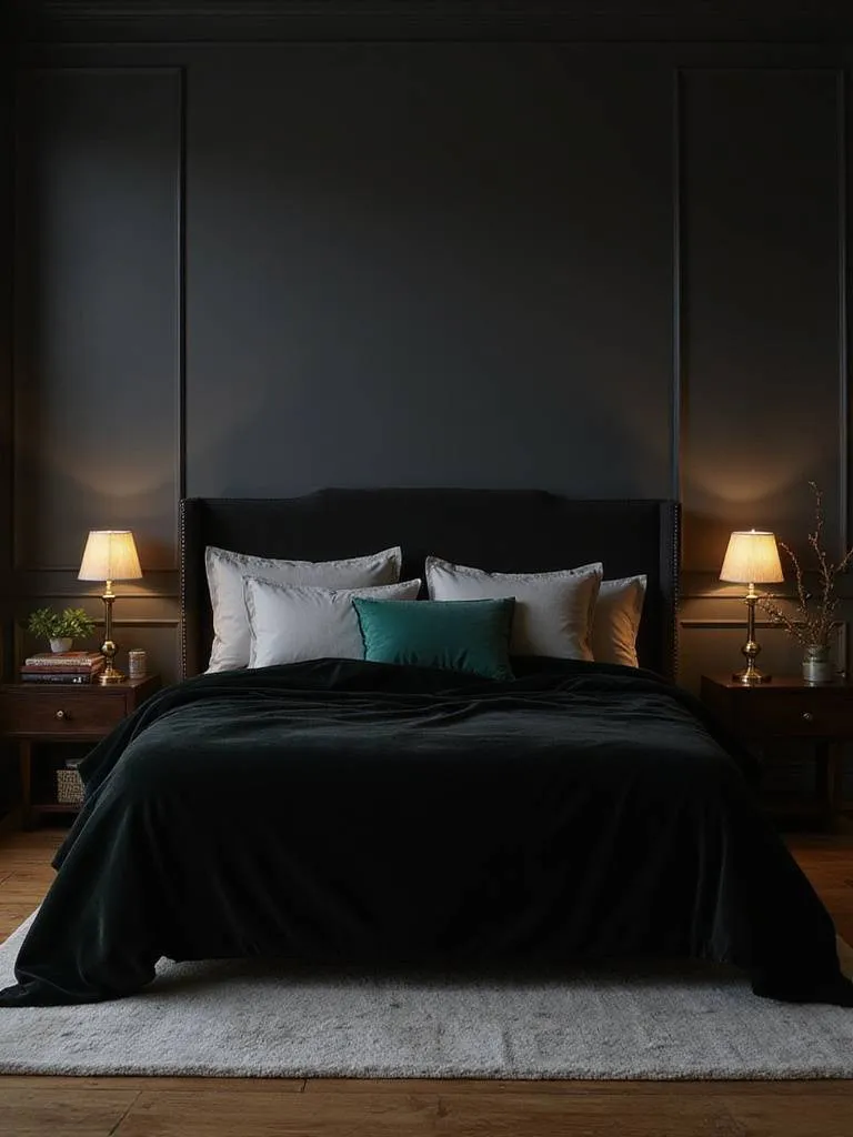 Black velvet bedding in a luxurious, dimly lit bedroom.