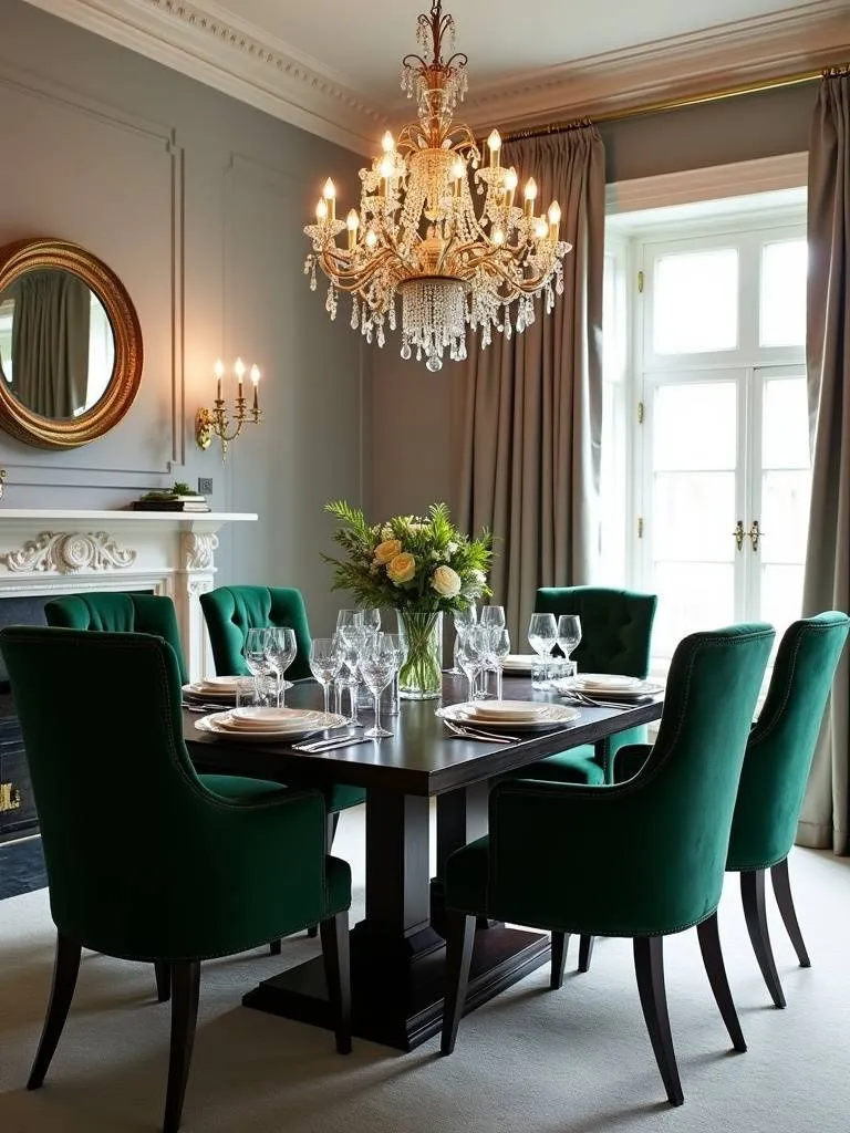 Dining room with emerald green velvet upholstered chairs