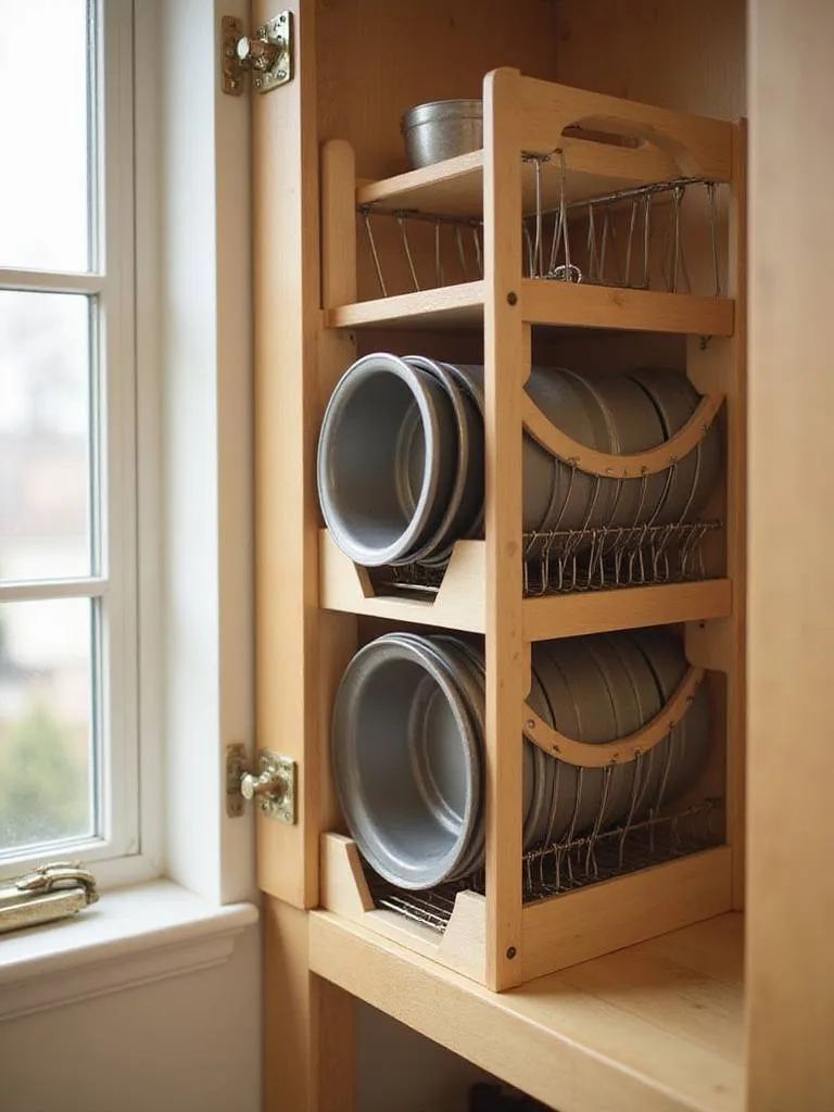 Organized kitchen cabinet with vertical baking sheet dividers holding cookie sheets, pizza pans, and muffin tins.
