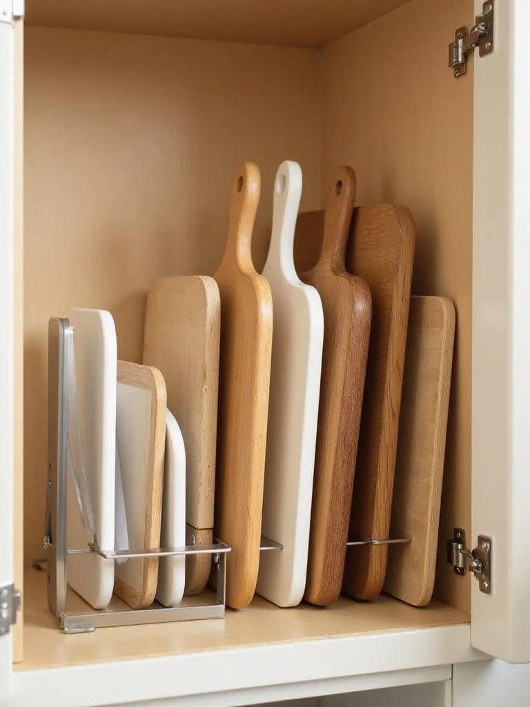 Cutting boards organized vertically with stainless steel dividers in a kitchen cabinet.