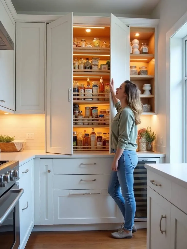 Modern kitchen with white floor-to-ceiling cabinets offering maximum vertical storage