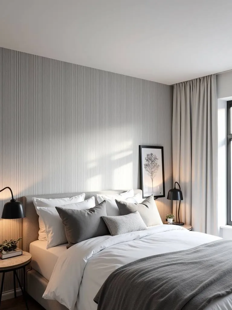 Bedroom with vertical stripe wallpaper, creating the illusion of taller walls.