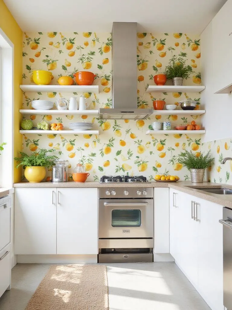 Bright kitchen with vibrant lemon and orange wallpaper behind open shelving.