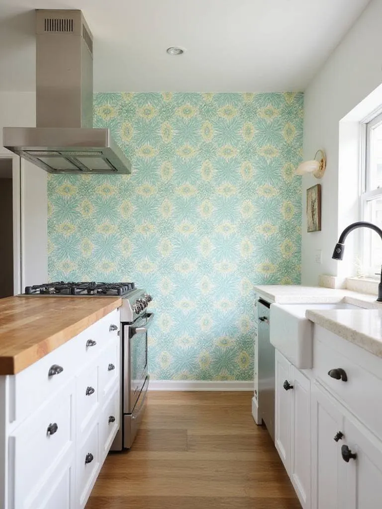 Vintage inspired geometric wallpaper in turquoise, yellow, and white in a modern kitchen.