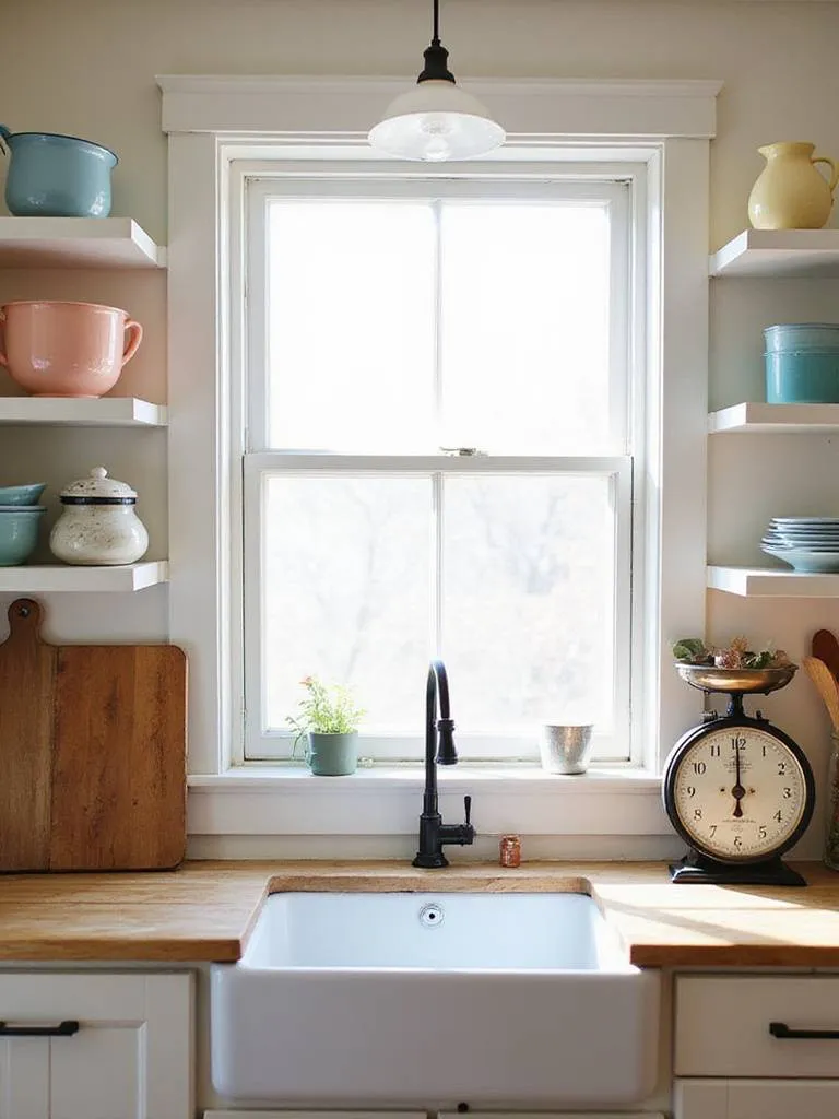 Farmhouse kitchen with vintage enamelware, wooden cutting board, and antique scale.