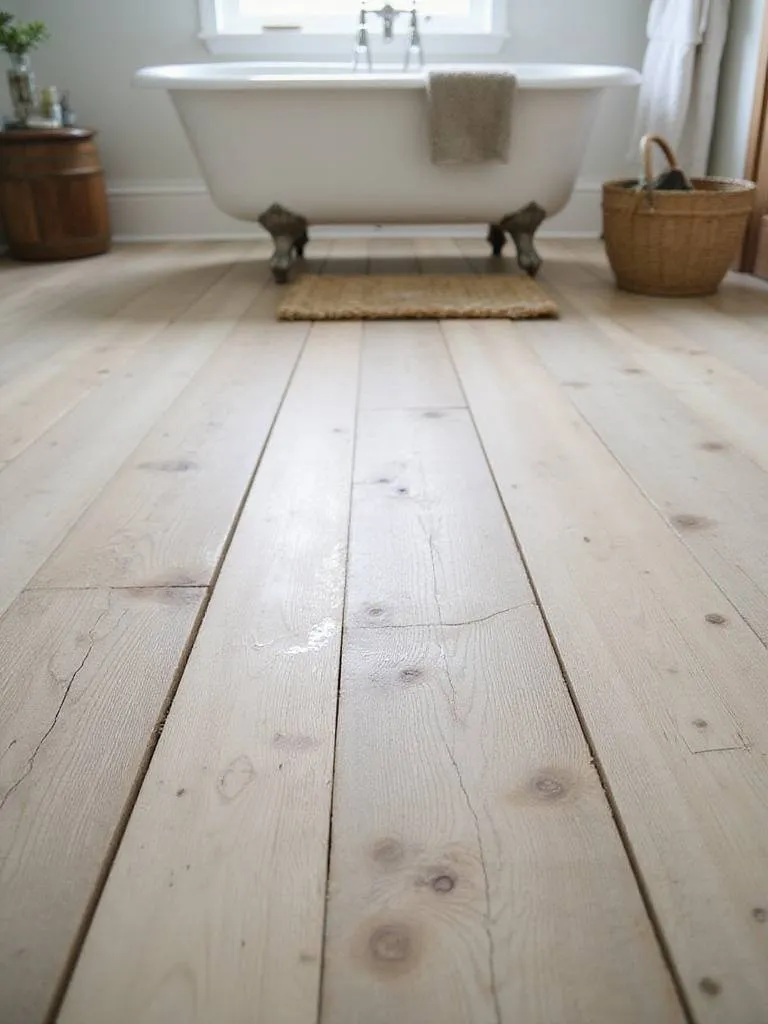 Rustic wood plank flooring in a farmhouse bathroom