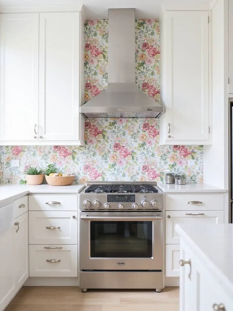 Kitchen with floral wallpaper backsplash protected by acrylic panel