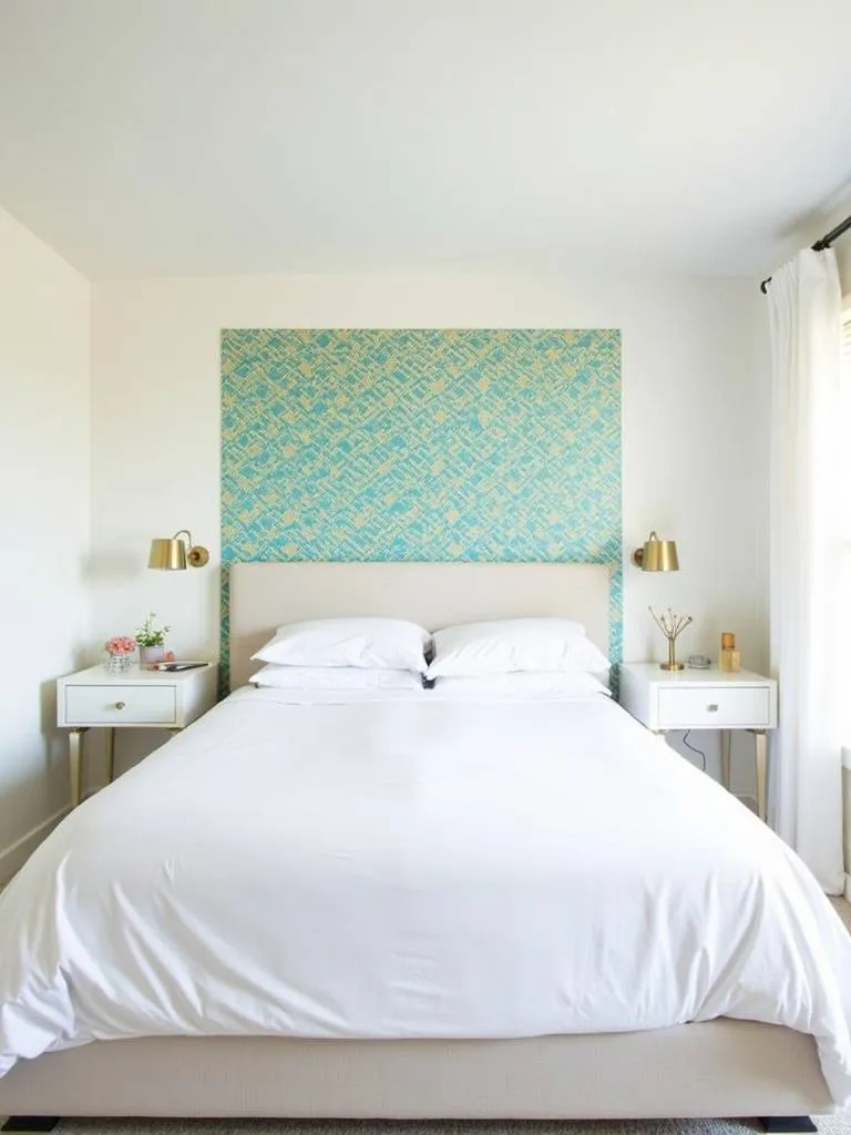 Bedroom with wallpaper headboard hack featuring geometric pattern