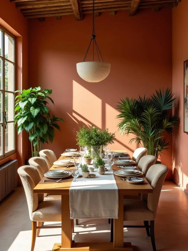 Dining room with warm terracotta walls, wooden table, and natural decor, creating a cozy and inviting atmosphere.