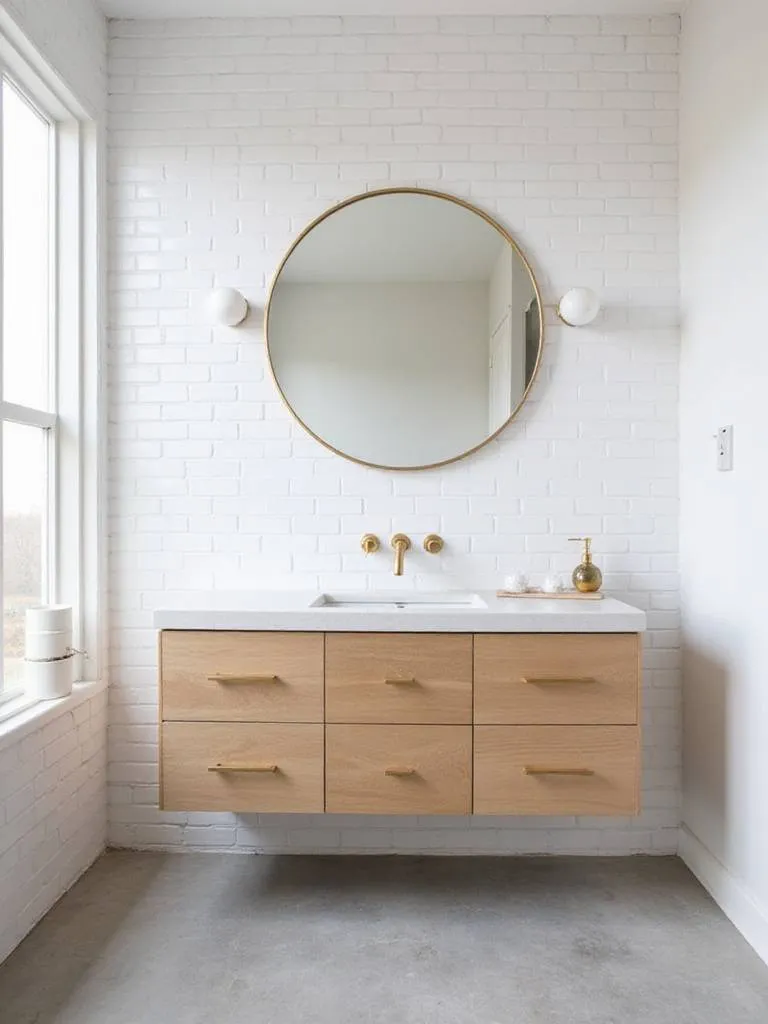 Modern bathroom with white tile, light grey concrete floor, wood vanity with gold accents, and round gold framed mirror.