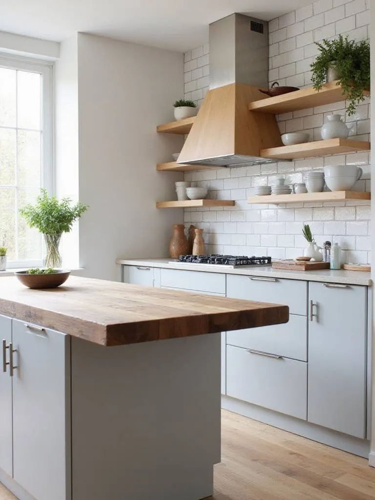 Modern kitchen with gray cabinets and a warm walnut butcher block island, featuring open maple shelves.