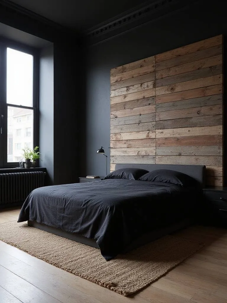 Black bedroom with reclaimed wood accent wall behind bed